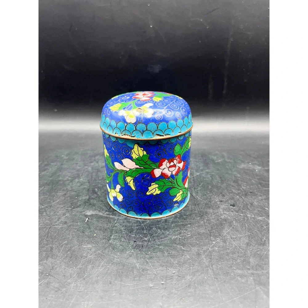 Antique Cloisonne Trinket Tea Box Spice Jar Cobalt‎ Blue Floral Brass Lid 3.5